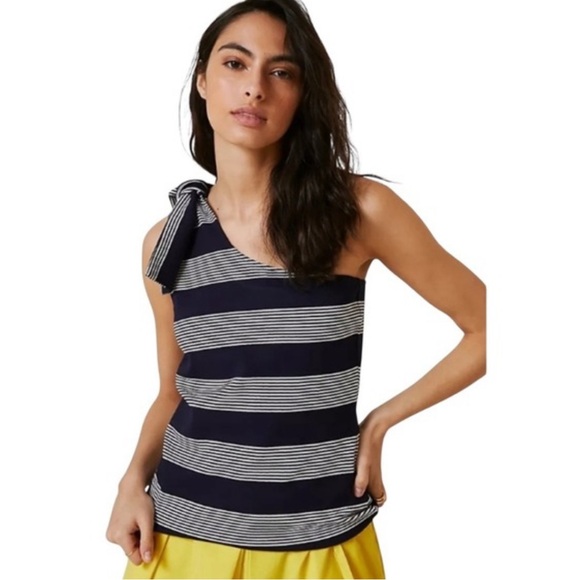 Anthropologie Navy and White Striped One-Shoulder Tank Top - Picture 1 of 3